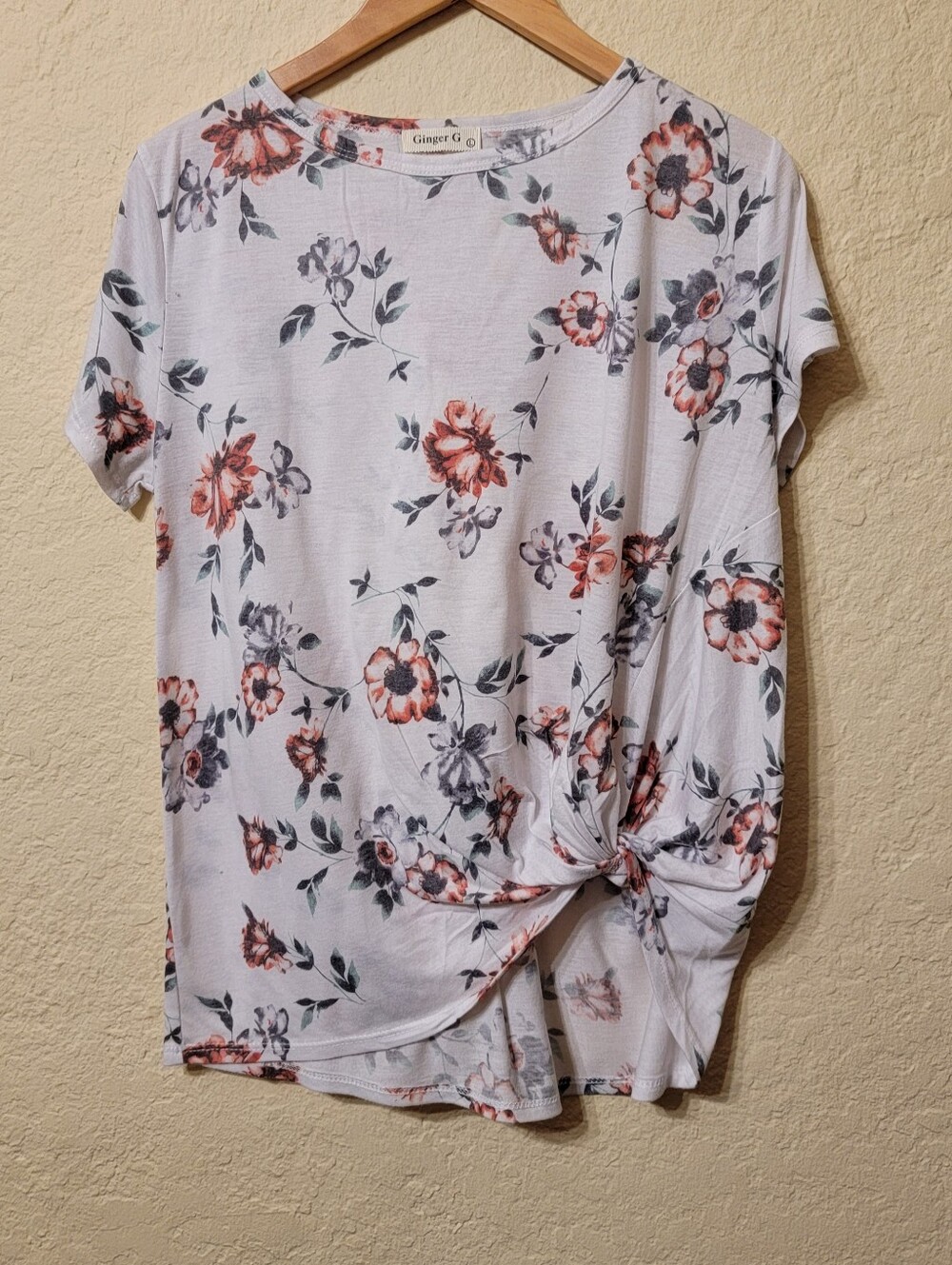 Ginger G Floral Twist Knot Front Short Sleeve Top White Multicolor Size L